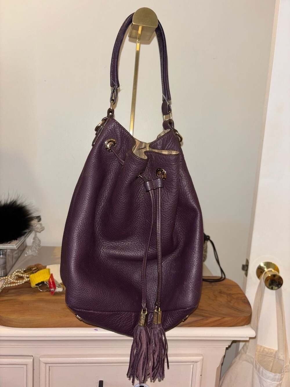 Henri Bendel Purple/Plum Pebbled Leather Hobo Bucket Bag Tassel Shoulder Bag